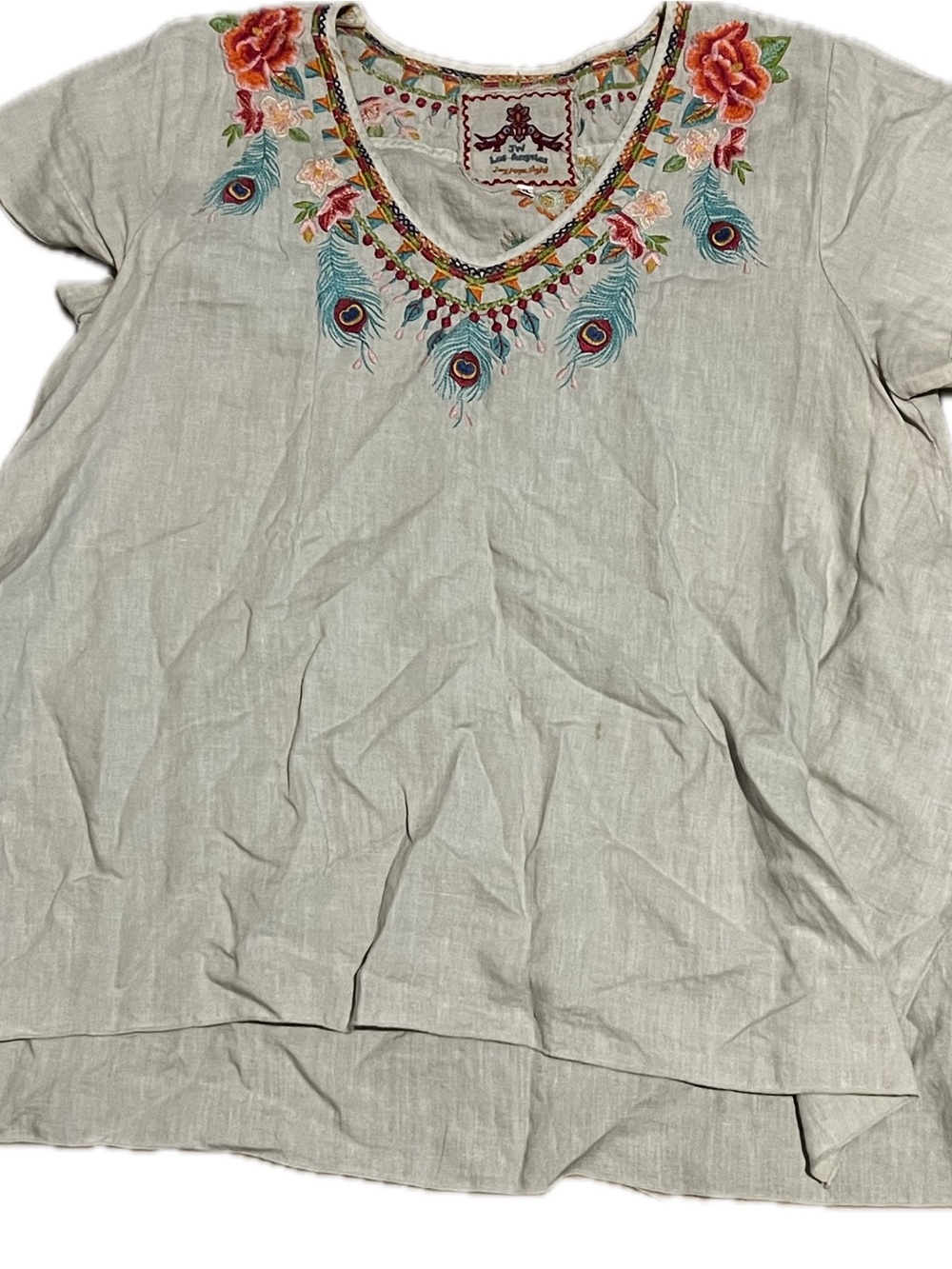 Johnny Was Cream Linen V-Neck Top with Multicolor Embroidery